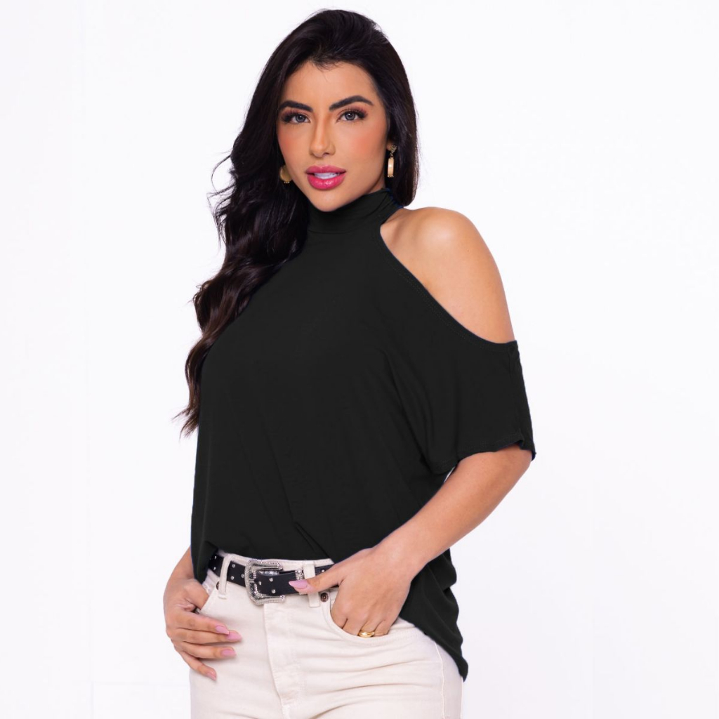 Blusa Blusinha Gola Alta Soltinha Camisa Manga Curta SHOCKER