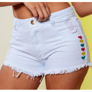 Shorts Jeans Feminino Cintura Alta Bordado Coração Branco
