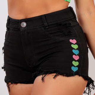 Shorts Jeans Feminino Cintura Alta Bordado Coração Preto em Oferta na Shopee