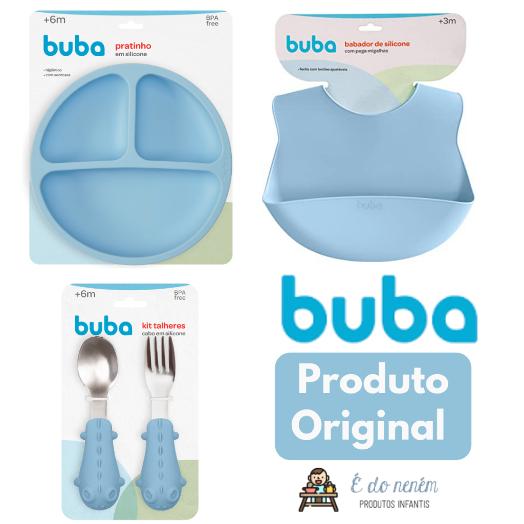 Kit alimentação bebê silicone com ventosa BUBA introdução alimentar refeição infantil prato babador pega migalhas colher garfo original