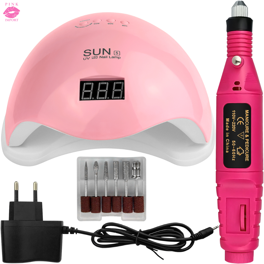 Kit Manicure Cabine Sun 5 Led UV 48w + Motor Lixadeira Eletrica Caneta Unhas Gel Unha Pedicure em Oferta na Shopee