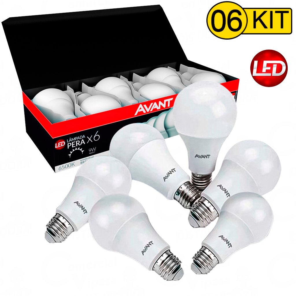 Jogo Pack 6 Lâmpadas Bulbo Pêra 7W - 9W 6500k Luz Led Branco Frio Casa Comércio Interno Bivolt AVANT - Home & Living