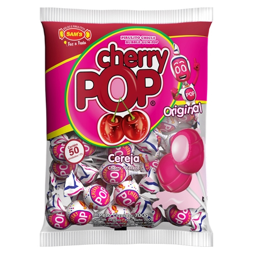 Pirulito Chicle Cherry Pop 50un Sams Cereja em Oferta na Shopee