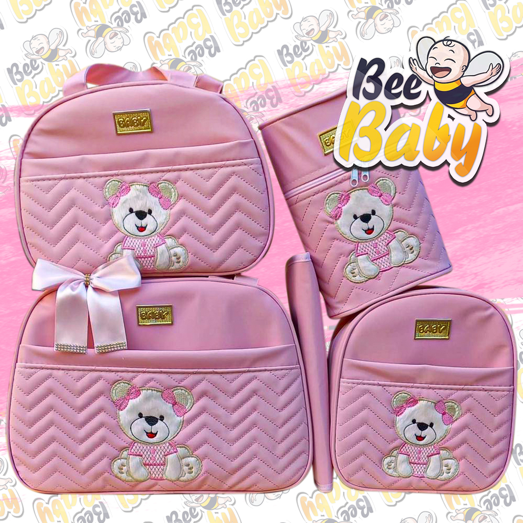 Kit Bolsa Maternidade Urso Sentado Mala para Bebê Material Térmico 5 PEÇAS Bee BABY
