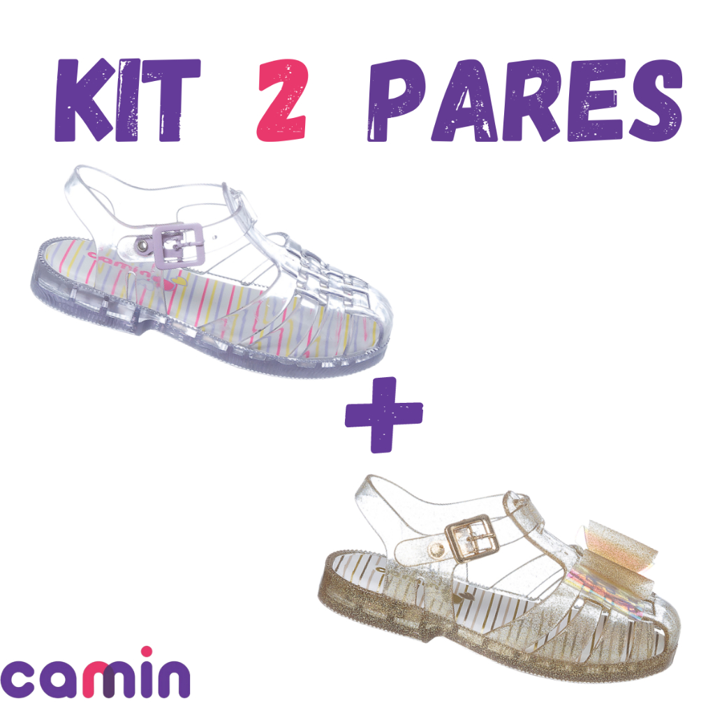 Kit 2 Pares Sandália Infantil Menina Gliter Ouro Confortável Laço Transparente Camin Original - Baby & Kids Fashion