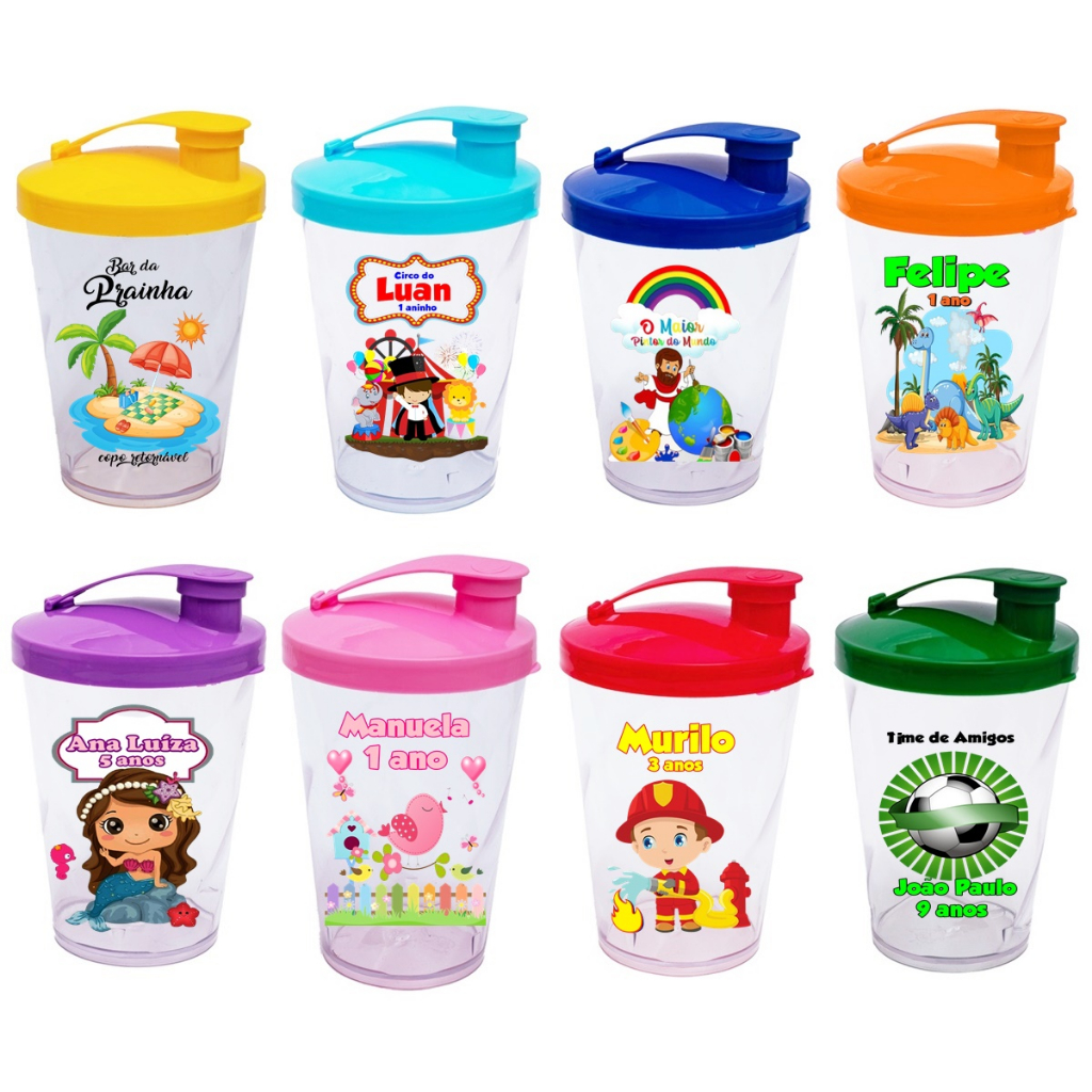 20 Copos Baby Shake 220ml C/ Tampa Personalizado Fazemos Qualquer Tema