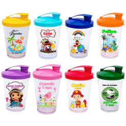 10 Copos Baby Shake 220ml C/ Tampa Personalizado Fazemos Qualquer Tema