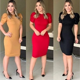 Vestido Midi Manga Bufante Tubinho