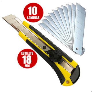 Estilete Profissional Emborrachado com Trava 18mm + kit 10 Laminas - Fertak em Oferta na Shopee
