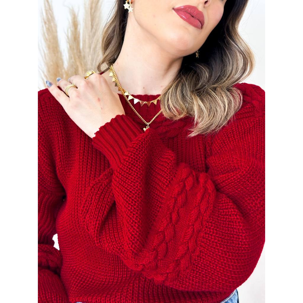 Blusa Feminina Trico Trança Manga Bufante Tendência Blogueira em Oferta na Shopee