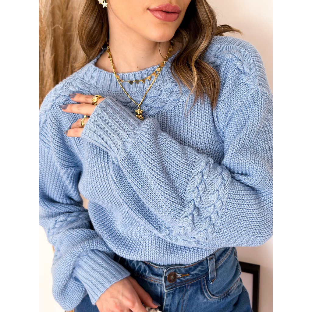 Blusa Feminina Trico Trança Manga Bufante Tendência Blogueira