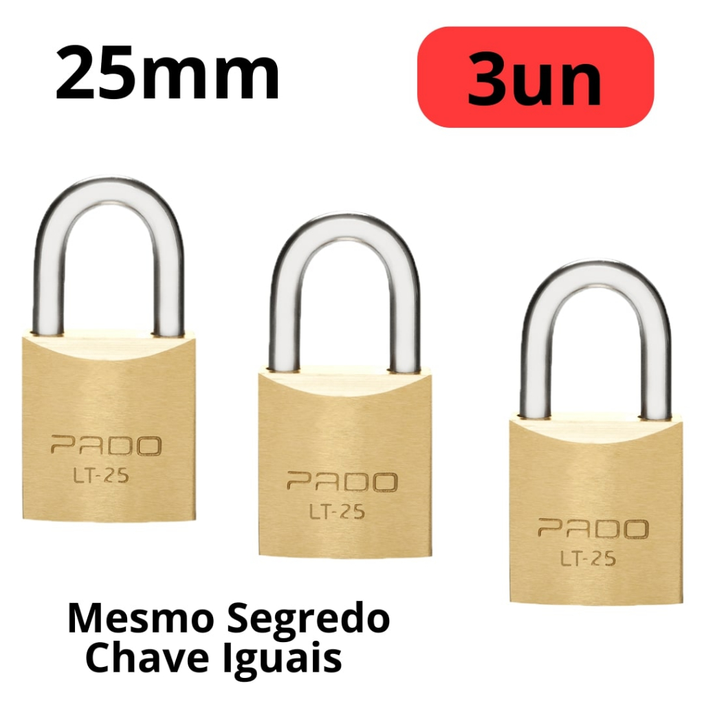 Kit c/3 Cadeado Pado 25 mm Mesmo Segredos Iguais Mesma Chave