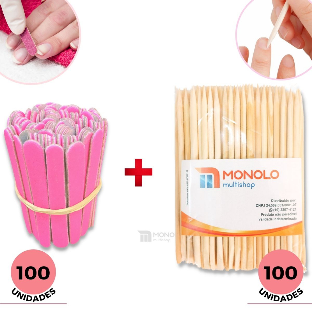 Kit 100 Lixas de Unha Mini + 100 Palitos Manicure Pedicure Cutícula Descartável Envio Imediato