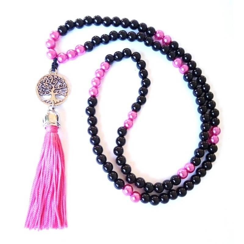 Imagem Japamala 108 Contas Pérola Negra e Pink Com Pingente Árvore da Vida Rosário Budista Ref:303