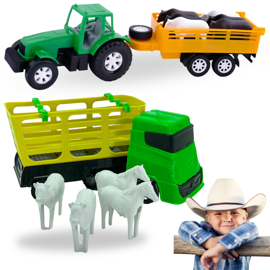 Brinquedos fazendinha boiadeiro boiadeira caminhão + trator brinquedo roça + 7 animais lindo presente