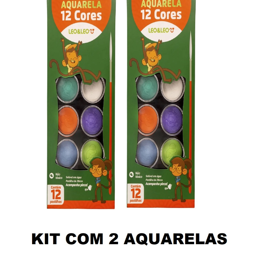 SALDO KIT 2 Estojo Estojos Aquarela 12 Cores Escolar Tinta e Pincel - Para Personalizar Uso Escolar e Artístico