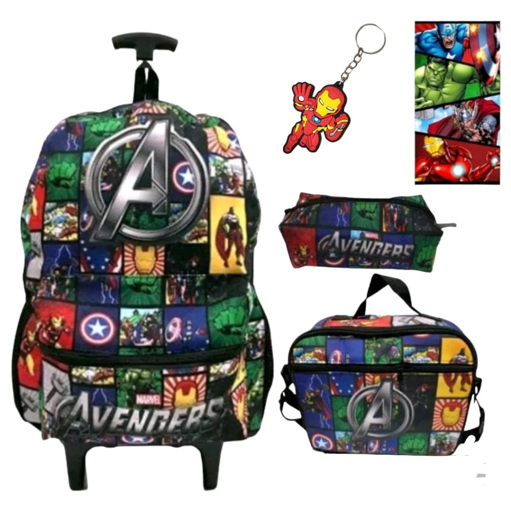 Kit Mochila Rodinha Avengers  Lancheira e Estojo Juvenil Escolar -Toalha e Chaveiro em Oferta na Shopee