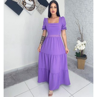 Vestido Longo Luxo manga curto e renda na cintura0646