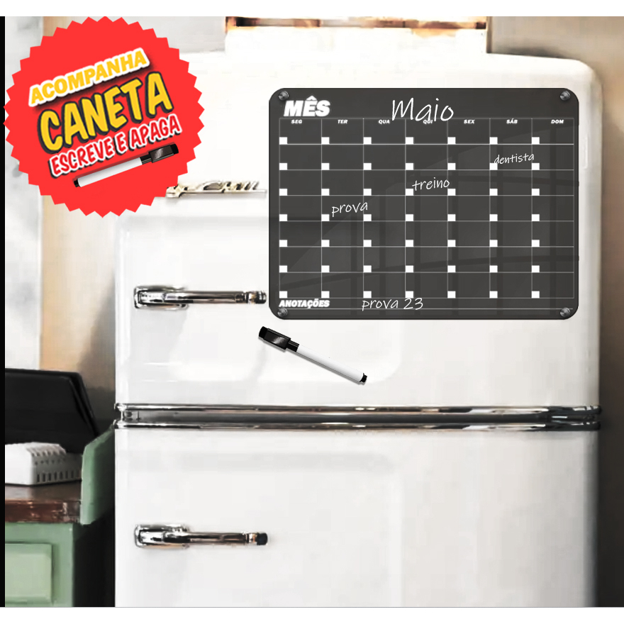 Lousa Geladeira frost free Inox Magnética com imã Quadro negro planner semanal mensal anotações + Caneta Apagador Acrílico