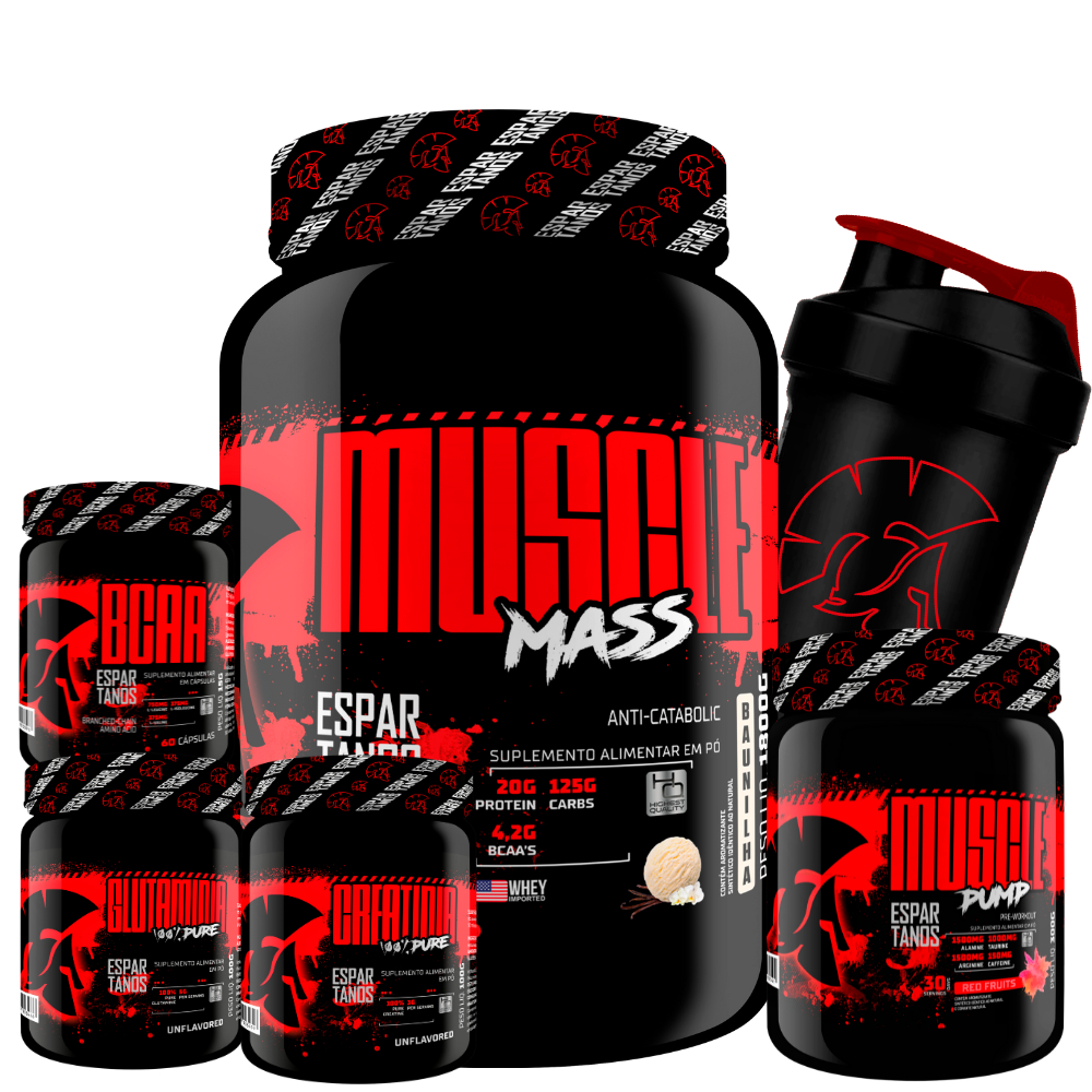 Kit Muscle Mass 1,8kg + BCAA + Creatina + Glutamina + Pré Treino Frutas Vermelhas + Coqueteleira - Espartanos - Health