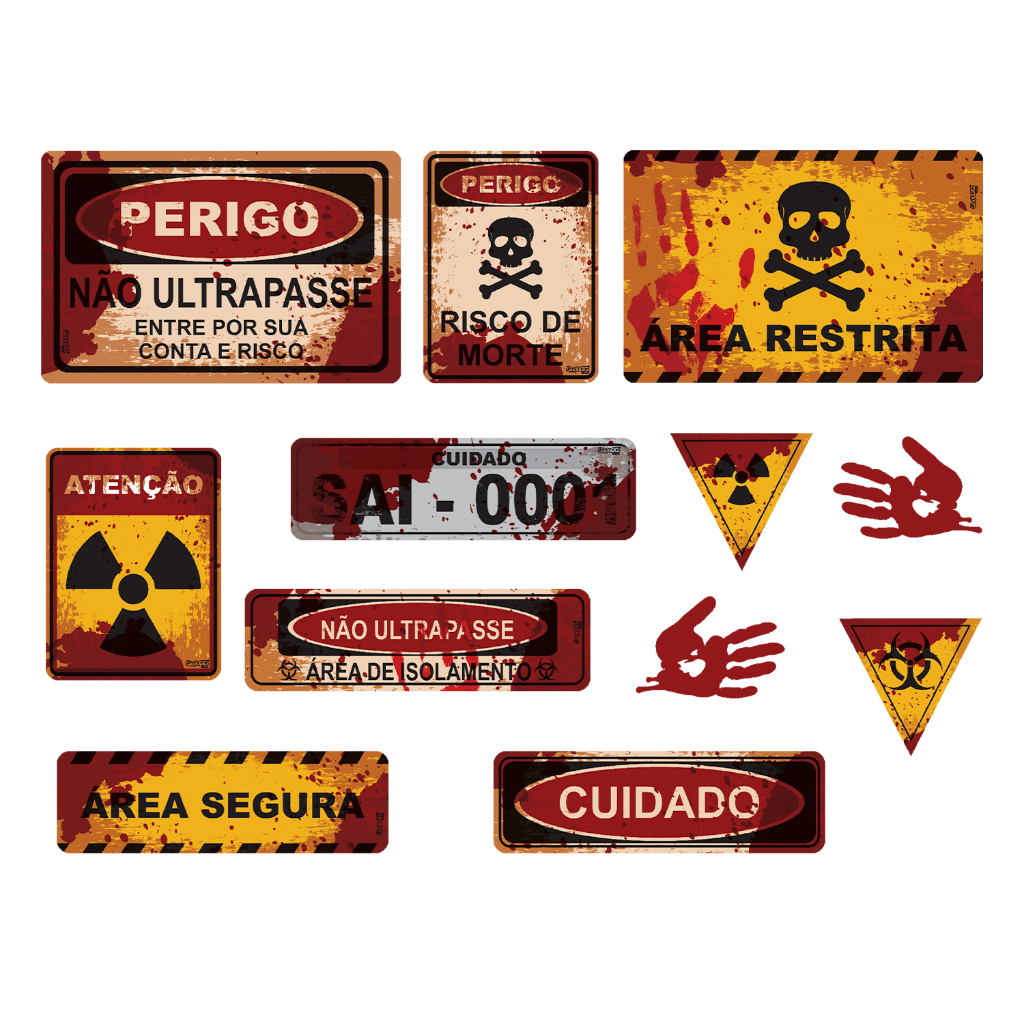 Kit Enfeite Painel Halloween C/ 12 Unidades Placas Perigo