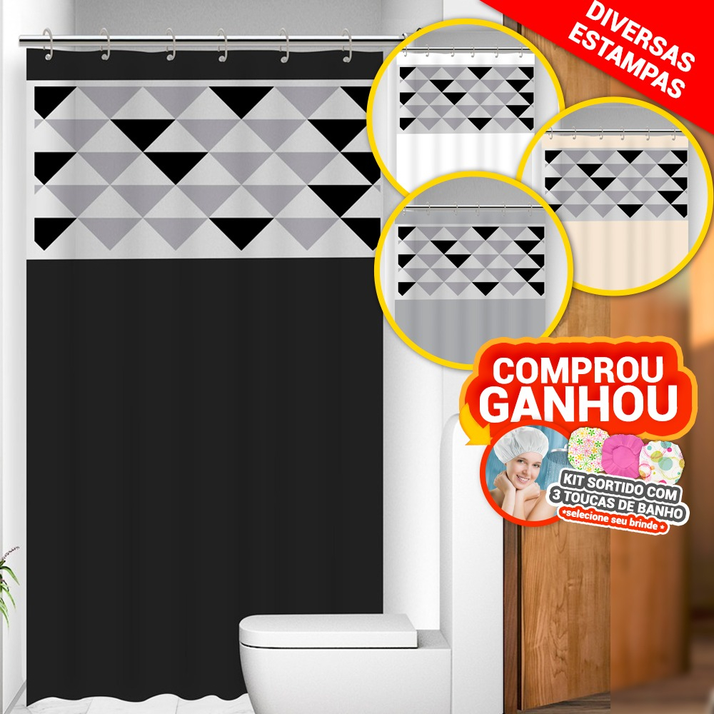 Cortina Box com Visor Geométrico Para Banheiro Anti Mofo Resistente Alta Qualidade 100% PVC Várias Cores - Envio Imediato