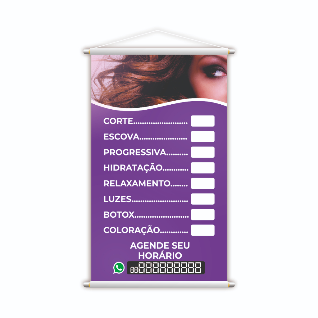 Banner Cabeleireiro Salão de Beleza com Tabela de Tratamentos com Preço e Telefone para Contato Publicidade e Propaganda