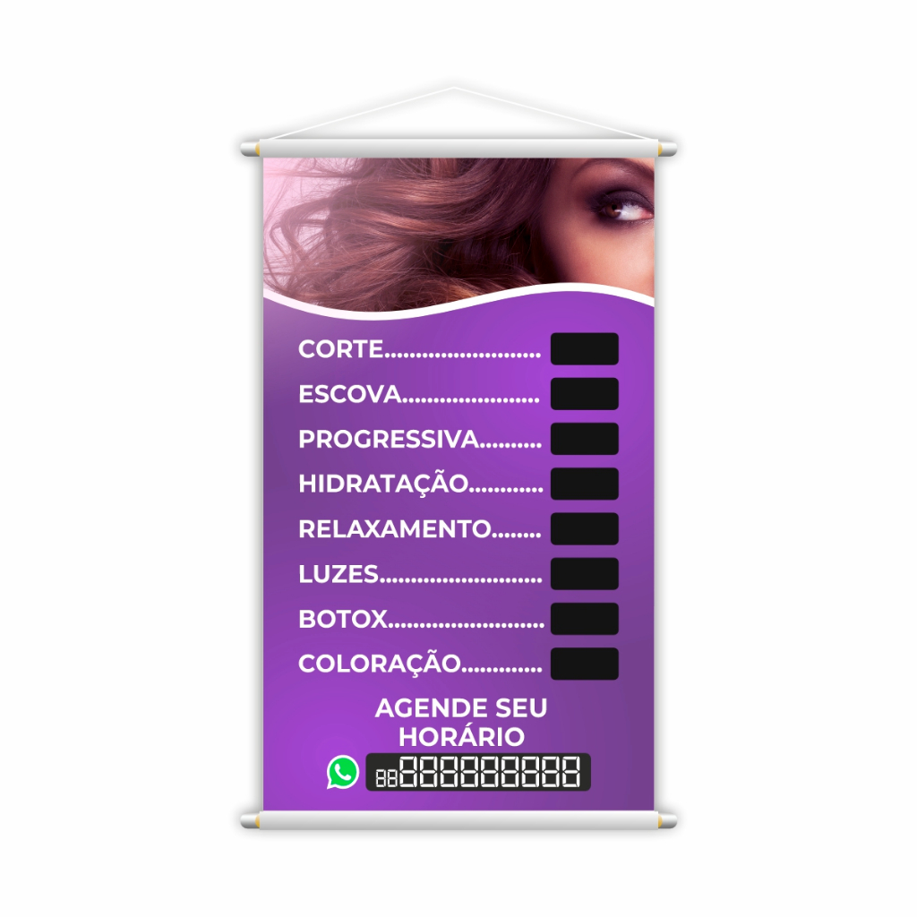 Banner Salão de Beleza Cabeleireiro com Tabela de Tratamentos com Preços e Telefone para Contato Publicidade Propaganda