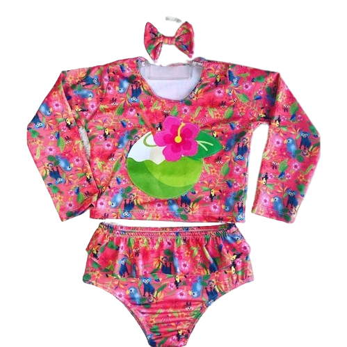 Biquíni Infantil Manga Longa Moda Praia Piscina de Côco + Bico de Pato