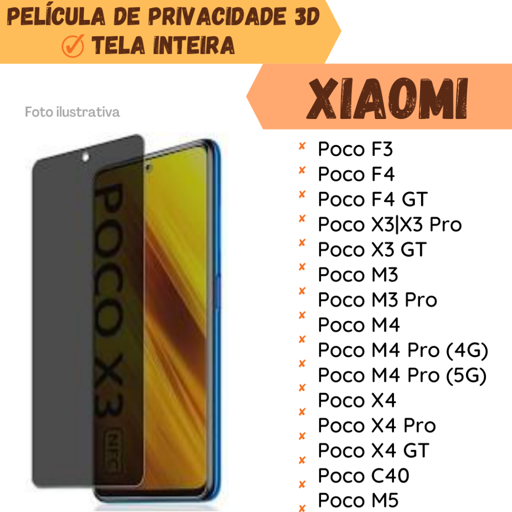 Película de Vidro 3D de Privacidade Para Xiaomi Poco F3/ Poco F4/ Poco F4 GT/ Poco F5 Pro/ Poco X3|X3 Pro/ Poco M3/ Poco M3 Pro/ Poco M4/ Poco M4 Pro (4G)/ Poco M4 Pro (5G)/ Poco X4/ Poco X4 Pro/ Poco X4 GT/ Poco C40/ Poco M5 //Película Protetor de Tela.