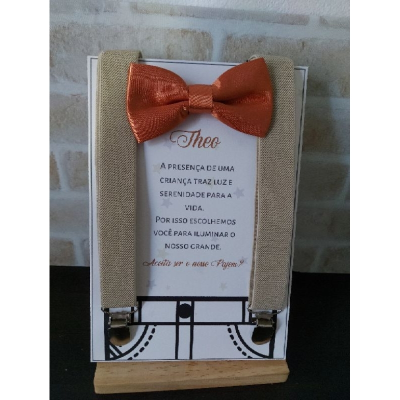 Convite Pajem casamento  BABY  Personalizado  com Suspensório e  Gravata  Borboleta BEGE  E TERRACOTA