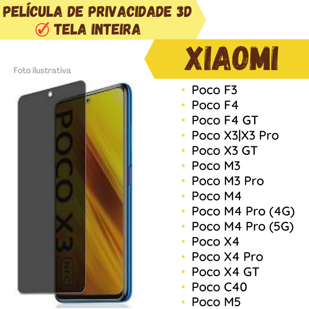 Película de Vidro 3D de Privacidade Para Xiaomi Poco F3/ Poco F4/ Poco F4 GT/ Poco F5 Pro/ Poco X3|X3 Pro/ Poco X3 GT/ Poco F5 Pro/ Poco M3/ Poco M3 Pro/ Poco M4/ Poco M4 Pro (4G)/ Poco M4 Pro (5G)/ Poco X4/ Poco X4 Pro/ Poco X4 GT/ Poco C40/ Poco M5.