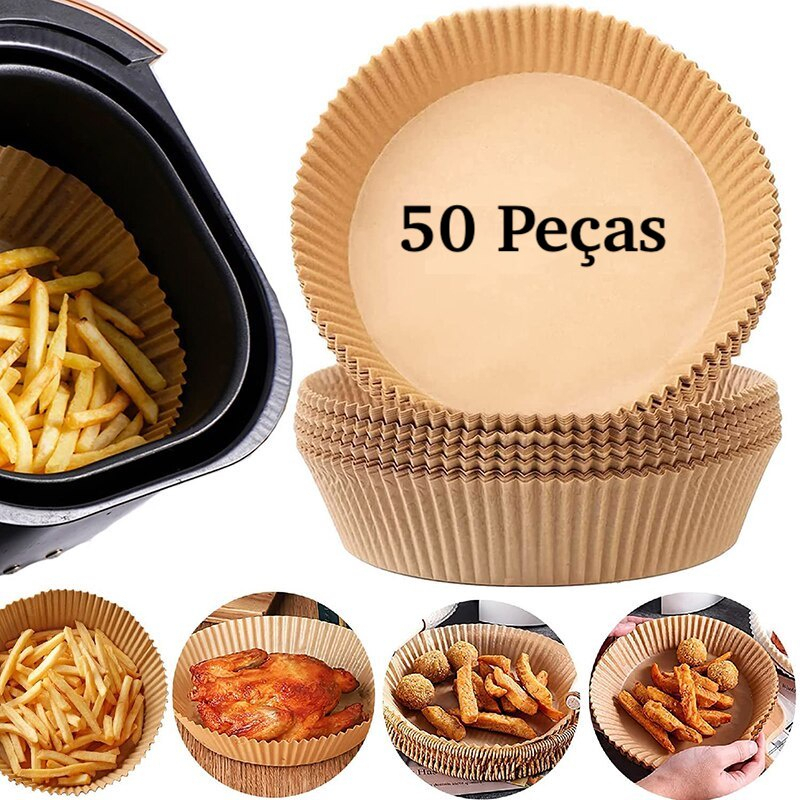 KIT 50 Formas Forro de Papel Redonda Airfryer Forno Microondas Descartável Antiaderente Multiuso para Cozimento
