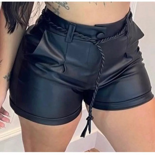 Shorts Couro Feminino Com Cinto Amarração Trançado Shorts Couro Elegante