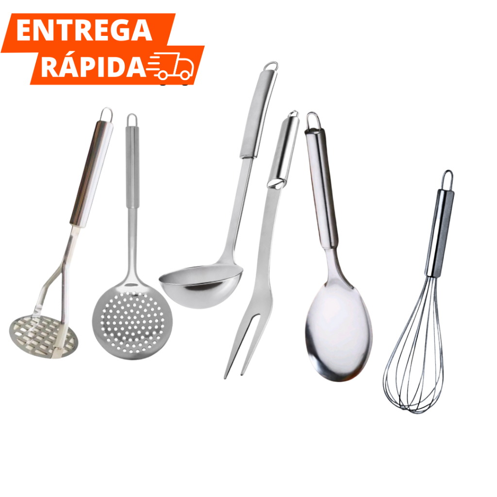 Kit Utensílio De Cozinha Com 6 Peças Inox Concha Escumadeira Garfo Trinchante Colher de Arroz Amassador batata  Batedor Ovos Utensílios Para Casa