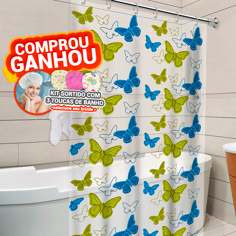 Cortina de Box Papilon Borboleta Azul e Verde 100% PVC Antimofo c/ gancho