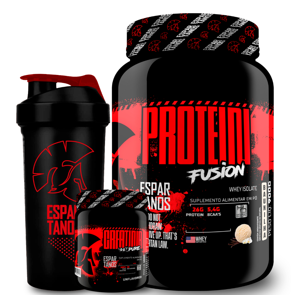 Kit Whey Protein Fusion 900g + Creatina 100g + Coqueteleira - Espartanos em Oferta na Shopee
