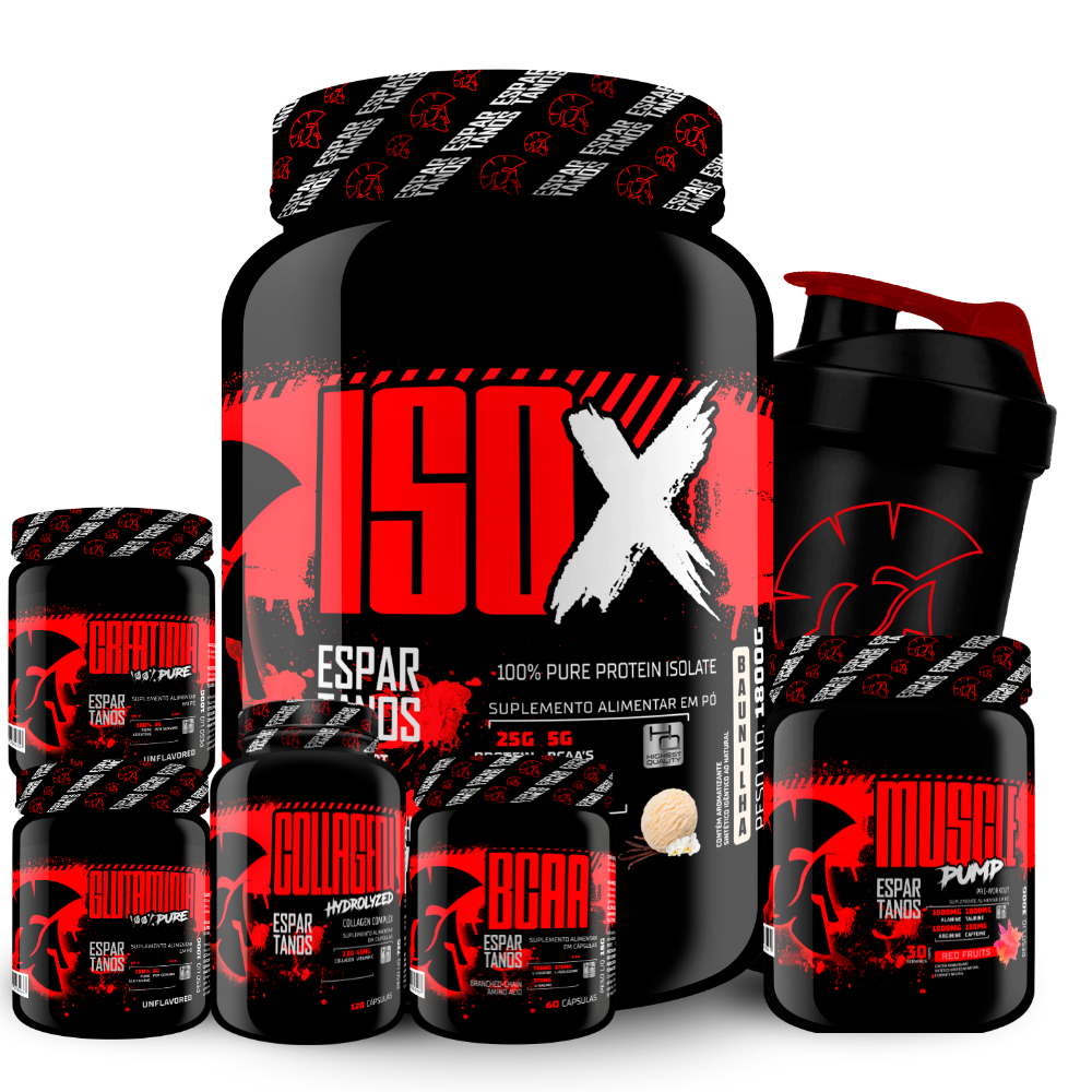 Kit Whey Protein ISO X 1800g + Creatina 100g + BCAA + Glutamina 100g + Colágeno + Pré Treino + Coqueteleira