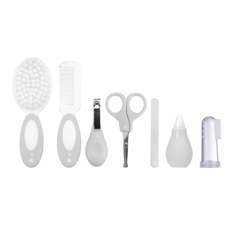 kit higiene bebe 7 peças unha pimpolho enxoval completo (tesoura com pontas arredondadas, cortador, lixa com lâminas em aço inox, escova e pente de cabelo, massageador de gengival e 1 aspirador nasal