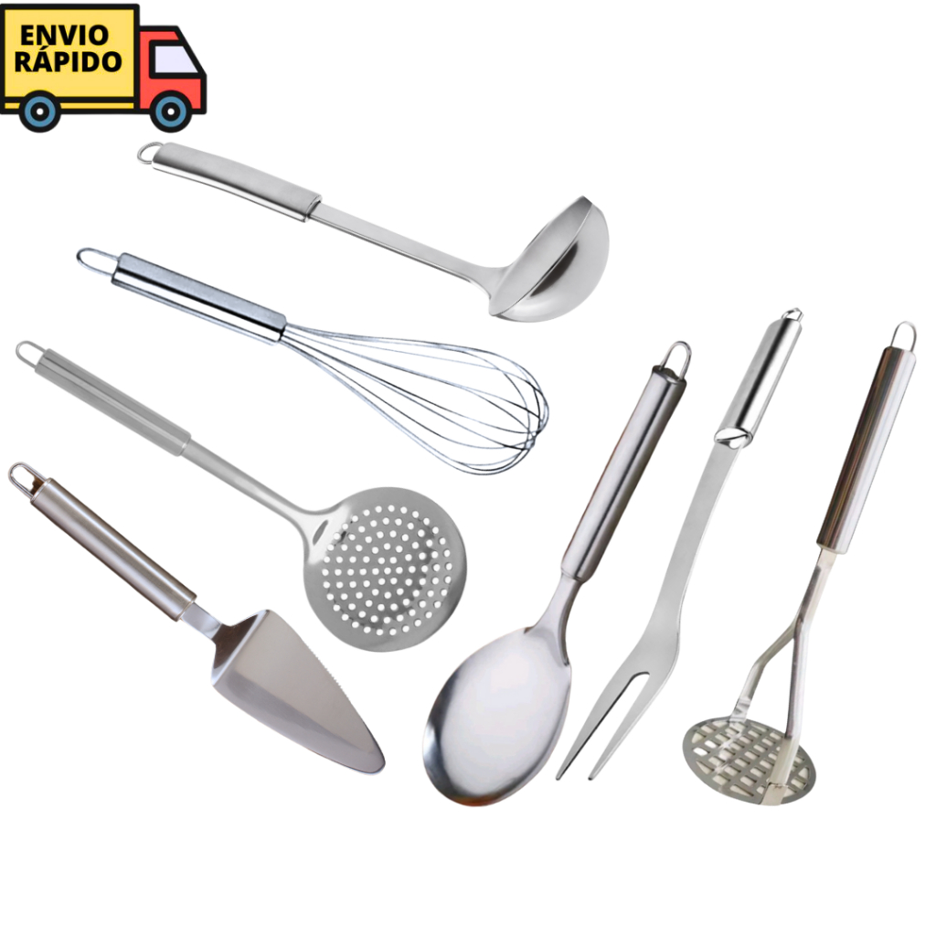 Jogo De Utensílios De Cozinha Completo De Inox 7 Peças Com Concha De Feijão Escumadeira Garfo Trinchante Colher de Arroz Amassador Batata Batedor Ovos E Espátula Torta Bolo Para Cozinha Conjunto 7 peças