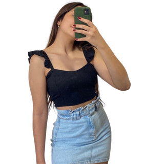 Cropped Regata Com Babado Nas Alças Canelado