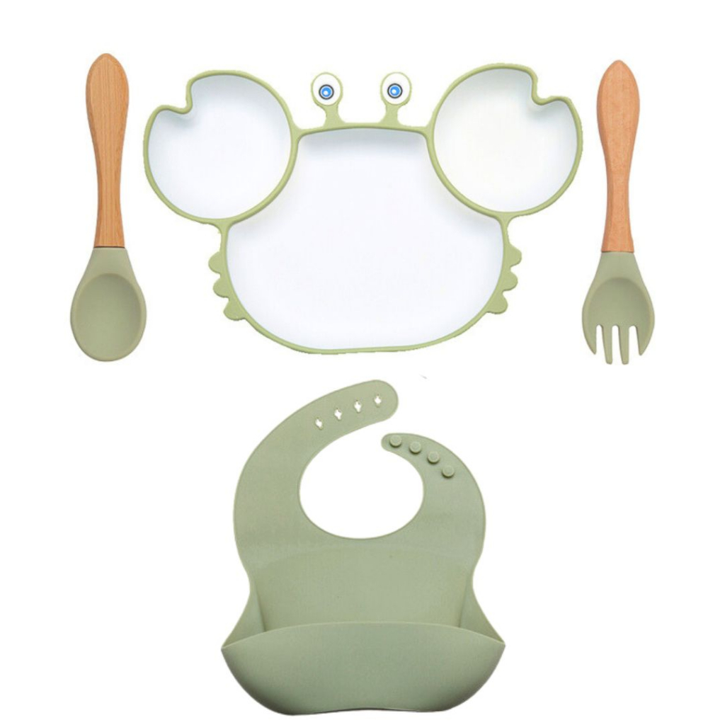 Kit Alimentação Bebê Prato Talher Babador Silicone Livre de BPA Flexível Prato Caranguejo ...