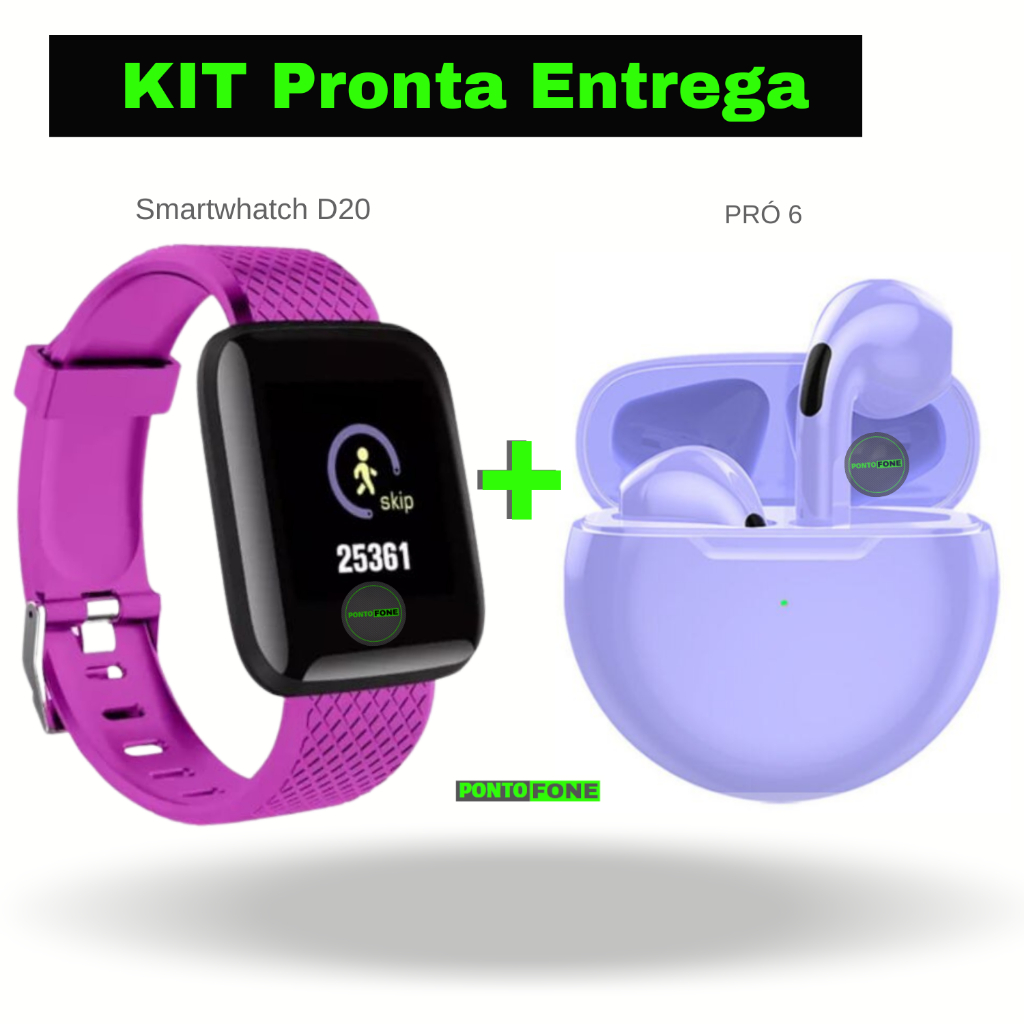 SmartWatch D20 Y68 + Fone Sem Fio Bluetooth Pro 6 e i12 Kit Relógio e Fone de Ouvido | Android | Ios