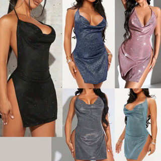 Vestido Fenda Lateral Sexy Lurex Brilho Decote Sensual Moda Blogueira