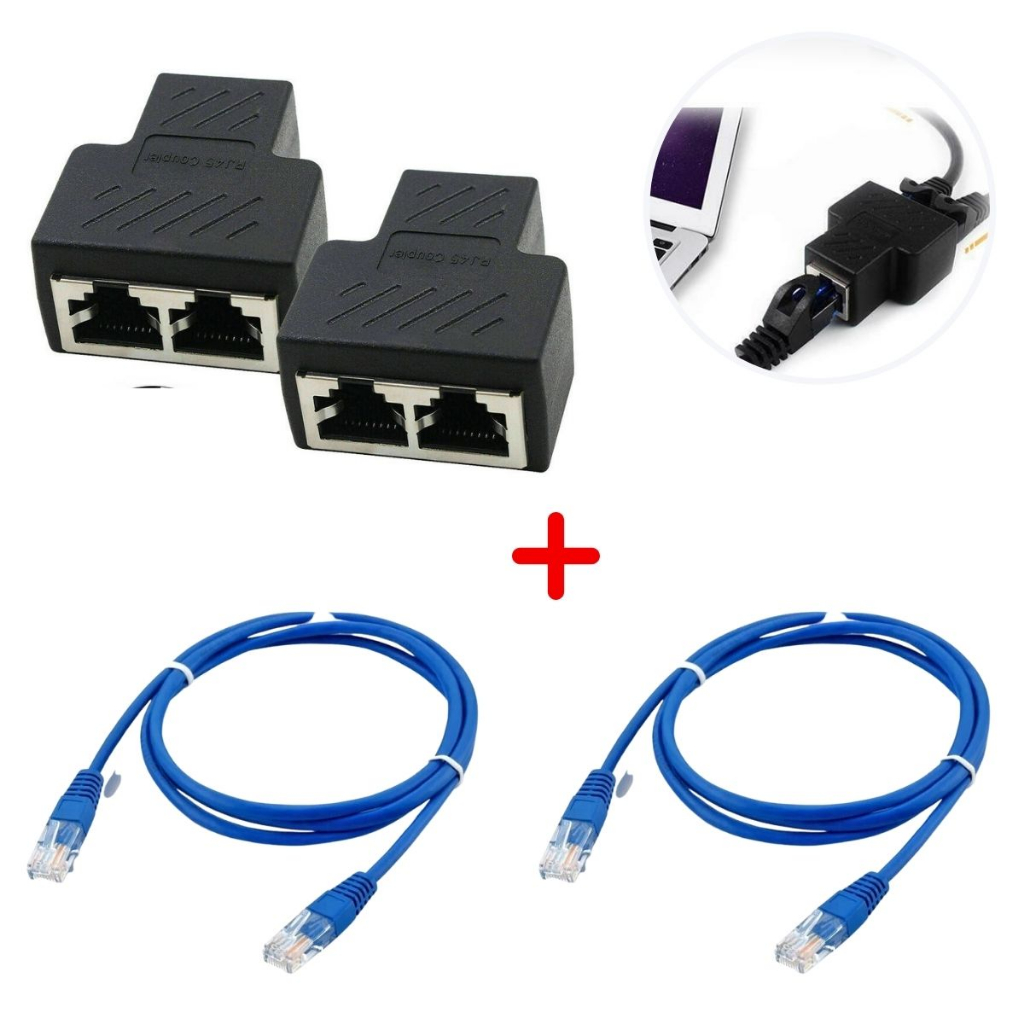 Adaptador 2x1 Sinal Duplo Duplicador Fêmea Rj45 LAN Internet + 2x Cabos de Rede 1 Metro Kit Montado