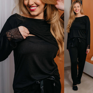 Pijama Amamentação Longo Calça e Blusa Soft Fluffy Com Renda em Oferta na Shopee