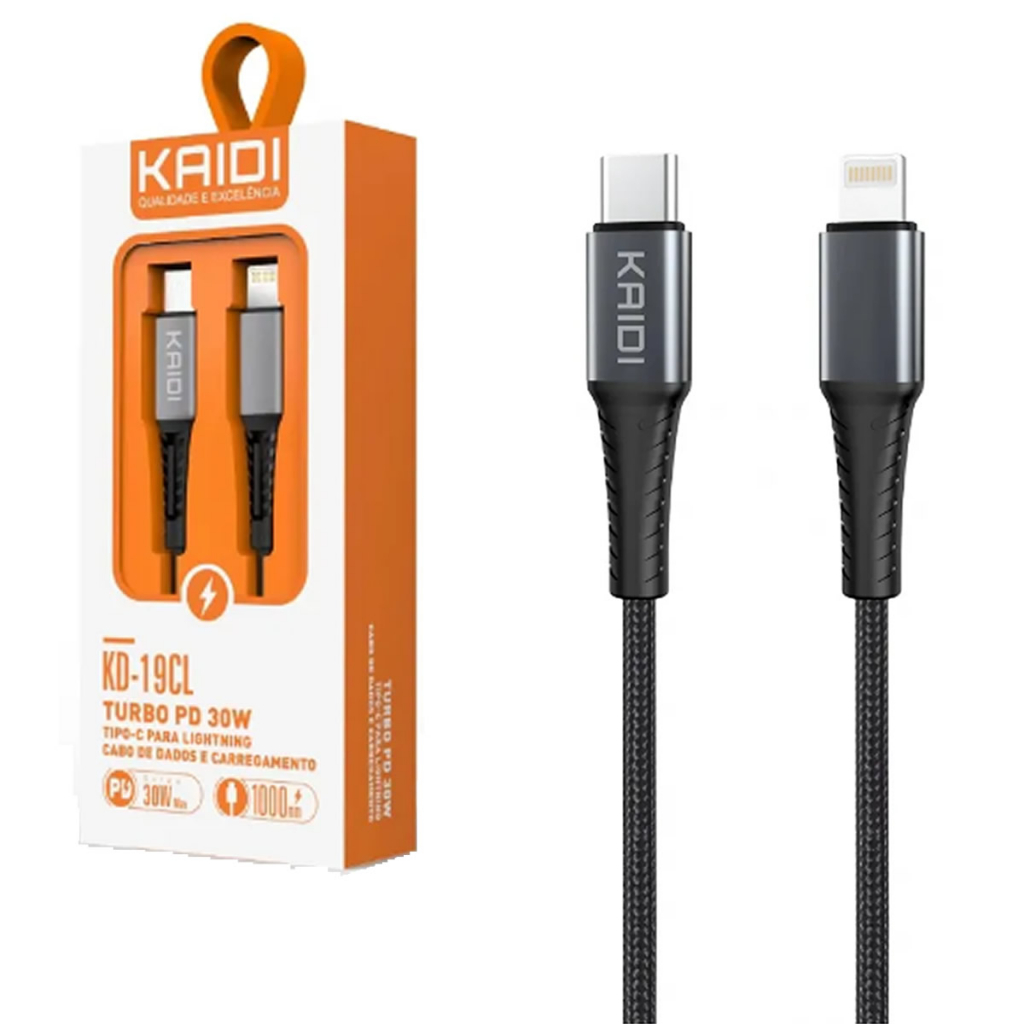Cabo Carga e Dados Celular Tipo C lightning IOS Turbo PD 30w Kaidi KD-19CL 1Metro USB Type C Iphone Carregador Reforçado em Oferta na Shopee