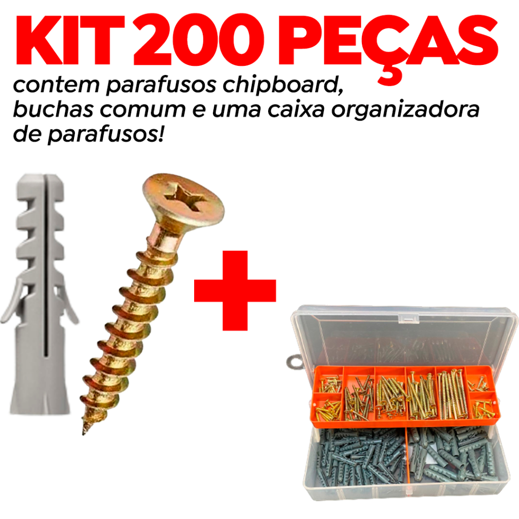 Kit Buchas e Parafusos Chipboard Para Madeira 200 peças Total c/ Organizador de parafusos e buchas