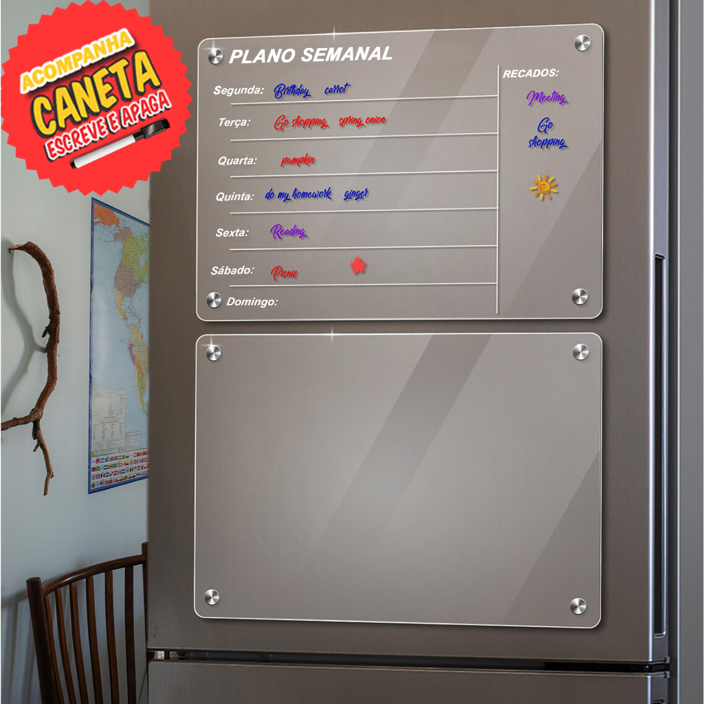 Quadro magnético com caneta Geladeira refrigerator frost free Inox Planner mensal semanal anotações