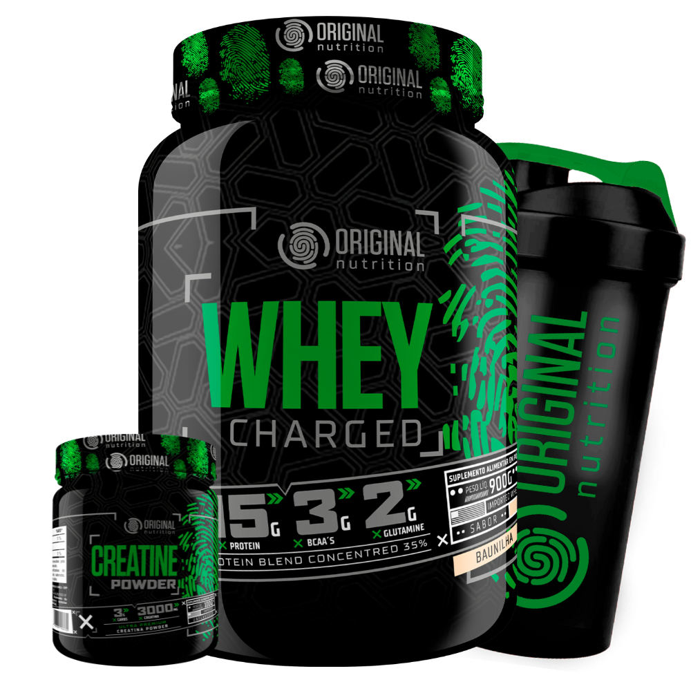 Kit Whey Protein Charged 900g + Creatina 100g + Coqueteleira - Original Nutrition - Health